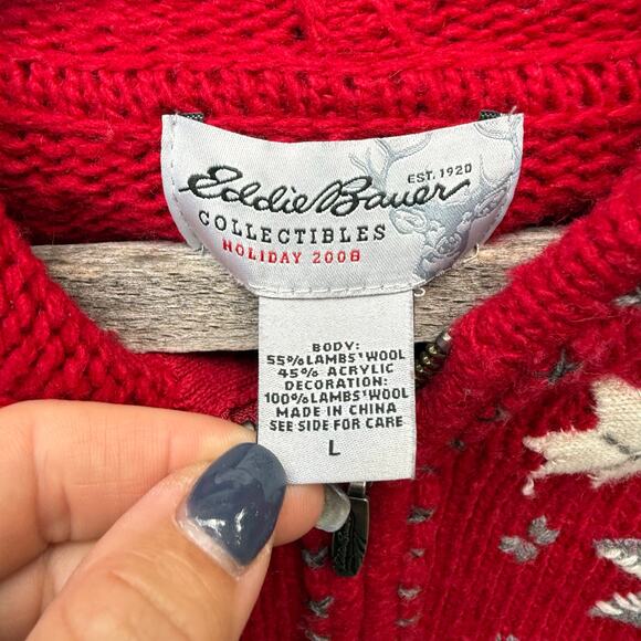 Y2K Eddie Bauer Lambswool Fair Isle Quilt Barn Star Snowflake Hooded Cardigan LG - Picture 6 of 10